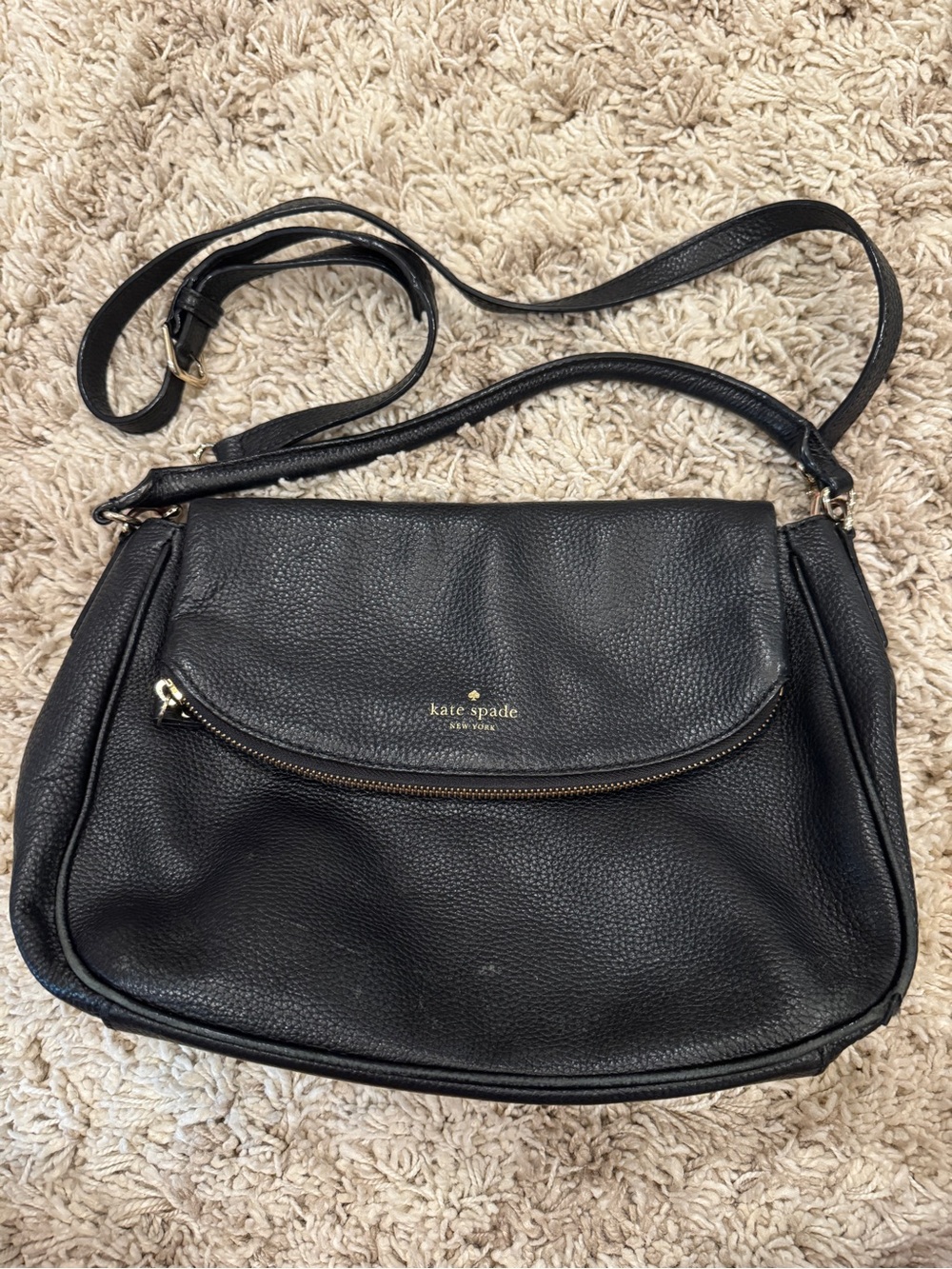 kate spade Black Pebbled Leather Flap Crossbody with Gold Hardware